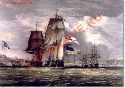 фрегат Королевского флота HMS Шеннон, ведущий захваченный американский фрегат U.S.S. Chesapeake off Бостон в Галифакскую Гавань, Новая Шотландия, Канада, в июне 1813. - shannon-painting