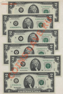 2003г. серия А все 12 банкнот по 2$ США.UNC. до 22-00 мск 11 - к-т 12шт 2дол США 2