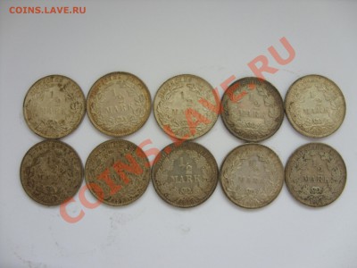 2 марки Германия. Серебро. 10 штук. 1905-18. Дворы А и F. - 1-2 марки 10 штук - 1