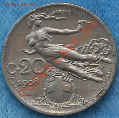 ИТАЛИЯ - 20 чентезими 1908 - до 20 августа - 409