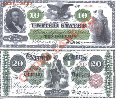 США 1,2,5,10,20 долларов 1862г копии пресс до 18.09 21.00мск - США 1,2,5,10,20 долларов 1862г копии-3