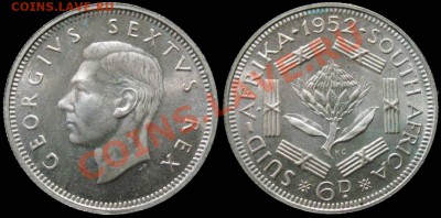 БРИТАНСКАЯ ЮЖ. АФРИКА 6 пенсов 1952 UNC Блеск! до 1.10 22:30 - SA_6d_1952