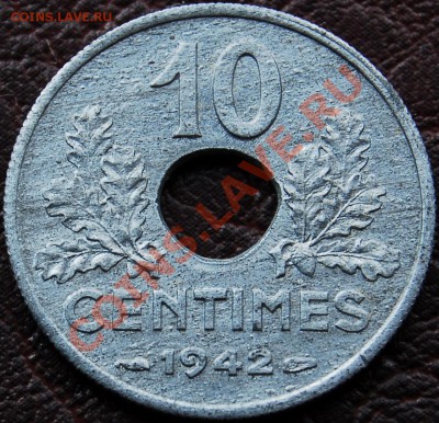 ФРАНЦИЯ - 10 сантимов 1942 - Цинк - до 23 октября - 224