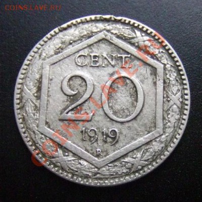1 - Италия 20 чентезимо (1919) следы от перечекана Р