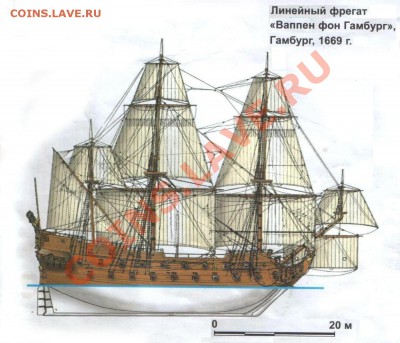 Основные размерения и вооружение фрегата «Герб Гамбурга» таковы: длина между штевнями — 34,85 м, ширина — 8,90 м, осадка — 4,50 м, вооружение — 54 пушки различных калибров. - Gerb-Gambyrga003