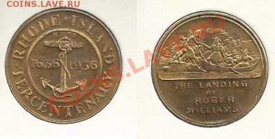 с одной стороны герб Род Айленда и дата 1636-1936, 300-летие основания колонии...с другой высадка колонистов и приветствие с местным населением Роджера Уилльямса... - 001 (5)
