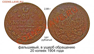 Фальшивые монеты России до 1917г сделанные в ущерб обращению - фальшивый 20 копеек 1904 года_2.JPG