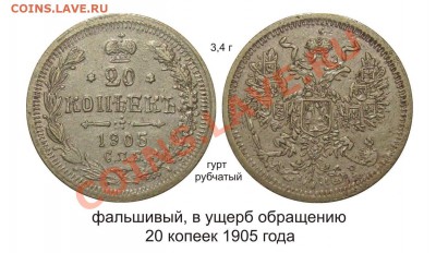 Фальшивые монеты России до 1917г сделанные в ущерб обращению - 20 копеек 1905 года медно-никель