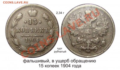 Фальшивые монеты России до 1917г сделанные в ущерб обращению - фальшивый 15 копеек 1904 года_2