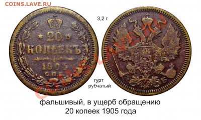 Фальшивые монеты России до 1917г сделанные в ущерб обращению - 20 копеек 1905 года_4