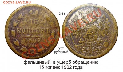 Фальшивые монеты России до 1917г сделанные в ущерб обращению - 15 копеек 1902 года