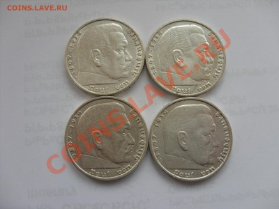 5 марок Гинденбург со свастикой. 1936-37. "A". 4 штуки. - 5 марок Гиндер со св 4 штуки - 2