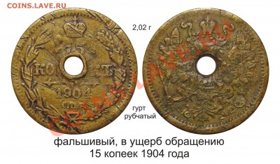 Фальшивые монеты России до 1917г сделанные в ущерб обращению - 15 копеек 1904 года