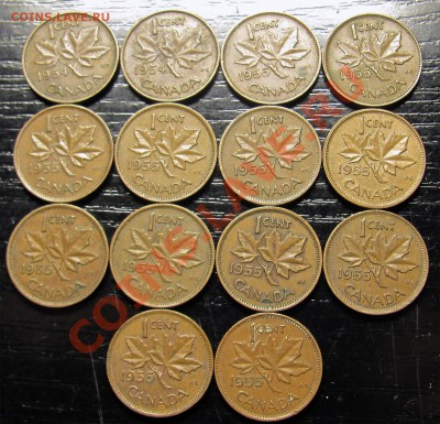 Z82 Канада подборка 1¢ 1954-1955 14 шт. до 03.01 в 22°° - Z82 Canada 1c 17 pcs 1954-55_1