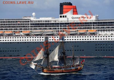 Новодел барк Индевор ( судно первой экспедиции Кука) на фоне лайнера Queen Mary 2 - сравнить