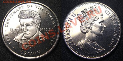 КИНЕМАТОГРАФ на монетах и жетонах - 1 крона 1996 Гибралтар, 100-летие кино, Элвис Пресли