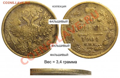 Фальшивые монеты России до 1917г сделанные в ущерб обращению - 20 копеек 1904 СПБ-АР фальшивая2