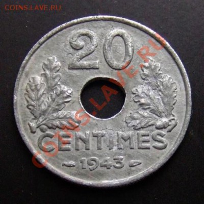 ФРАНЦИЯ 20 сантимов (1943) цинк до 13.01 (22.00) - Франция 20 сантимов (1943) цинк Р