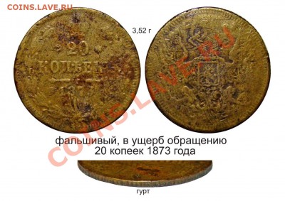 Фальшивые монеты России до 1917г сделанные в ущерб обращению - 20 копеек 1873 года