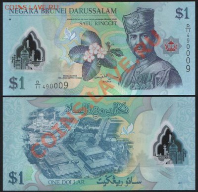 Бруней 1 ринггит 2011 (пластик) до 01.02.  22.00 мск - Бруней 1 ринггит 2011 (пластик)