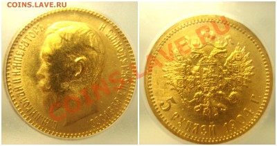 5 рублей 1904 MS66 в слабе. Царское золото. - 1904_1