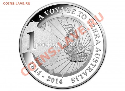 1 доллар Серебро 999, 25 мм., 11,66 гр., тираж 12500 шт. - 210286_M_Reverse of the 2014 One Dollar Fine Silver Proof C Mintmark Coin A Voyage to Terra Australia_2