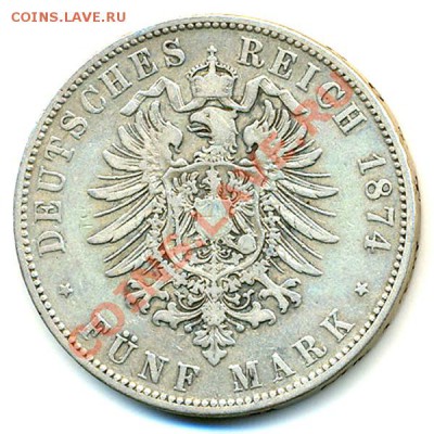 Германия. Бавария_5 марок 1874(D). Редкая; до 04.02_22.10мск - 7110
