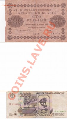 Боны России, СССР. - 100 рублей 1918, 1000 рублей-1995-1
