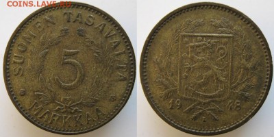 Разная инострань - 3 9 Финляндия 5 марок 1948   178н