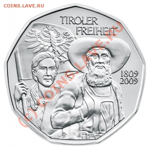 Австрия. 5 евро Серебро, 2009. 200 лет Тирольскому восстанию - Hofer