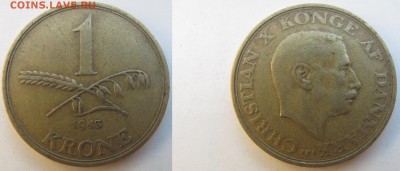 Дания. 1 крона. 1943г. до 14.03. в 22°°. - 1кр.43