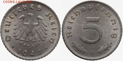 10 рейхспфеннигов 3 рейх 1943 J (цинк) на оценку. - 5 RP 1947 А