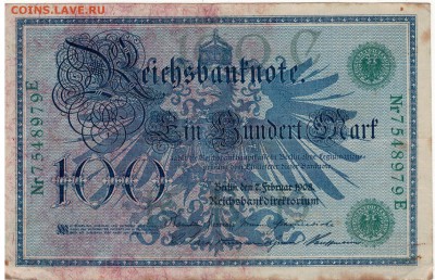ГЕРМАНИЯ 100 МАРОК 1908 ДО 20.03.14 В 22.00МСК (8114) - 1-герм