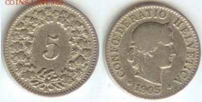 Швейцария 5 раппенов 1905 до 21.00 мск 31.03.2014 - Швейцария 5 раппенов 1905