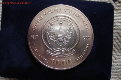 1000 франков, Руанда, 2009 год, 3-и унции, серебро 999 - 34