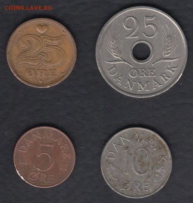 Дания 5, 10 и 25 эре 1970-1991 до 06.04.2014 22-00 - Дания 4 монеты а