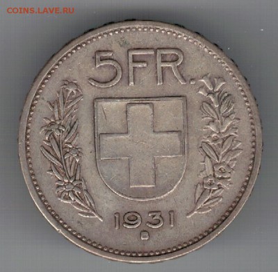 Ag ШВЕЙЦАРИЯ 5 ФРАНКОВ 1931 ДО 24.04 В 22Ч (8379) - 5-шв31а