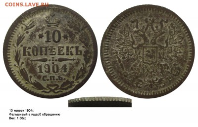Фальшивые монеты России до 1917г сделанные в ущерб обращению - 10 копеек 1904(1.56)