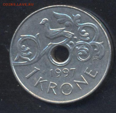 Норвегия 1 крона 1997 г. 8.05.14 г. 21-00 МСК . - Нор 1 кр.