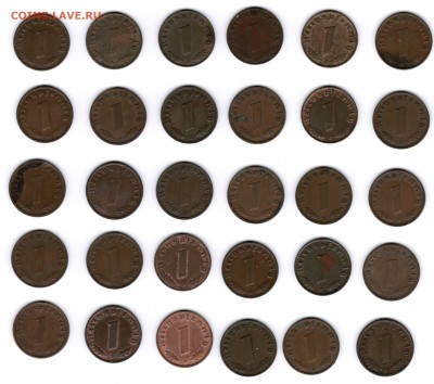 Германия. 1пфенниг(1937-1940). Бронза. 30шт.Почти без повторов!!!1пф. 1937 А -5шт.1937 D -1шт.1937 Е -1шт.1937 G -1шт.1937 F -1шт.1937 J -2шт.1пф. 1938 А -2шт.1938 D -1шт.1938 Е -1шт.1938 G -1шт.1938 F -1шт.1938 J -1шт.1пф. 1939 А -3шт.1939 В -2шт.1939 G -1шт.1939 Е -1шт.1939 F -1шт.1939 J -1шт.1пф. 1940 А -1шт.1940 F -1шт.1940 J -1шт. - CCI12052014_00000