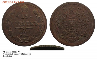 Фальшивые монеты России до 1917г сделанные в ущерб обращению - 15 копеек 1902АГ