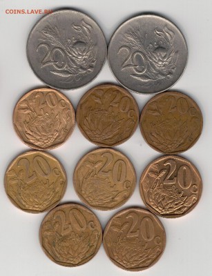 Ю.Африка 20 центов 1965-2007 Протея (10шт) 09.06-22ч (8935) - ю20ц1