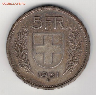 Ag ШВЕЙЦАРИЯ 5 ФРАНКОВ 1931 ДО 12.06.14 В 22.00МСК (9032) - 5-шв5а