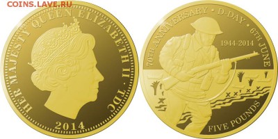 Монеты с Корабликами - 2014 5 фунтов День-D, высадка десанта позол