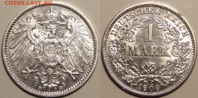 Германия 1 марка 1909 D штемпельный блеск до 29.06.14 в 22.0 - 1 марка 1909 D 23.06.14