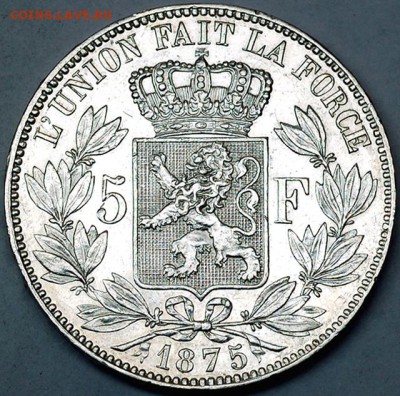 Бельгия_5 франков 1875. Крупное серебро; до 26.06_22.14мск - 8233