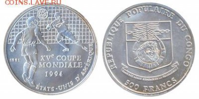 Конго 500 франков 1991 г Футбол Серебро, Фикс - Конго футбол 500 франков