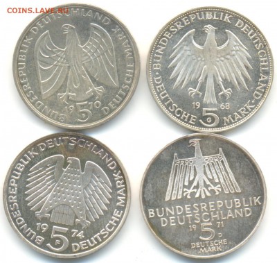 5 марок ФРГ 4шт 1968-74г серебро лот №1 10.07.14 в 22-10 - 5 марок 002