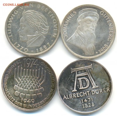 5 марок ФРГ 4шт 1968-74г серебро лот №1 10.07.14 в 22-10 - 5 марок 003