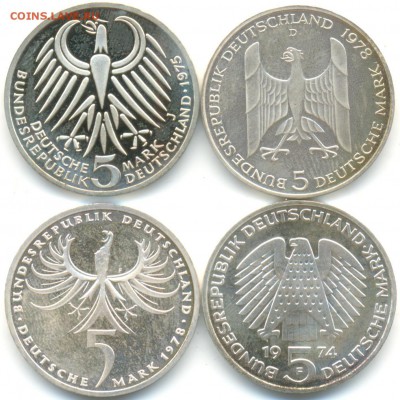 5 марок ФРГ 4шт 1974-78г серебро лот №2 10.07.14 в 22-10 - 5 марок 004